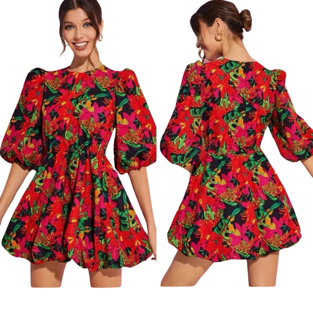Women’s Lantern Sleeve Tropical Print Mini Dress